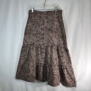 EPIK Tan Black Polka Dot Tiered Midi Skirt with Burgundy Swirl Accents